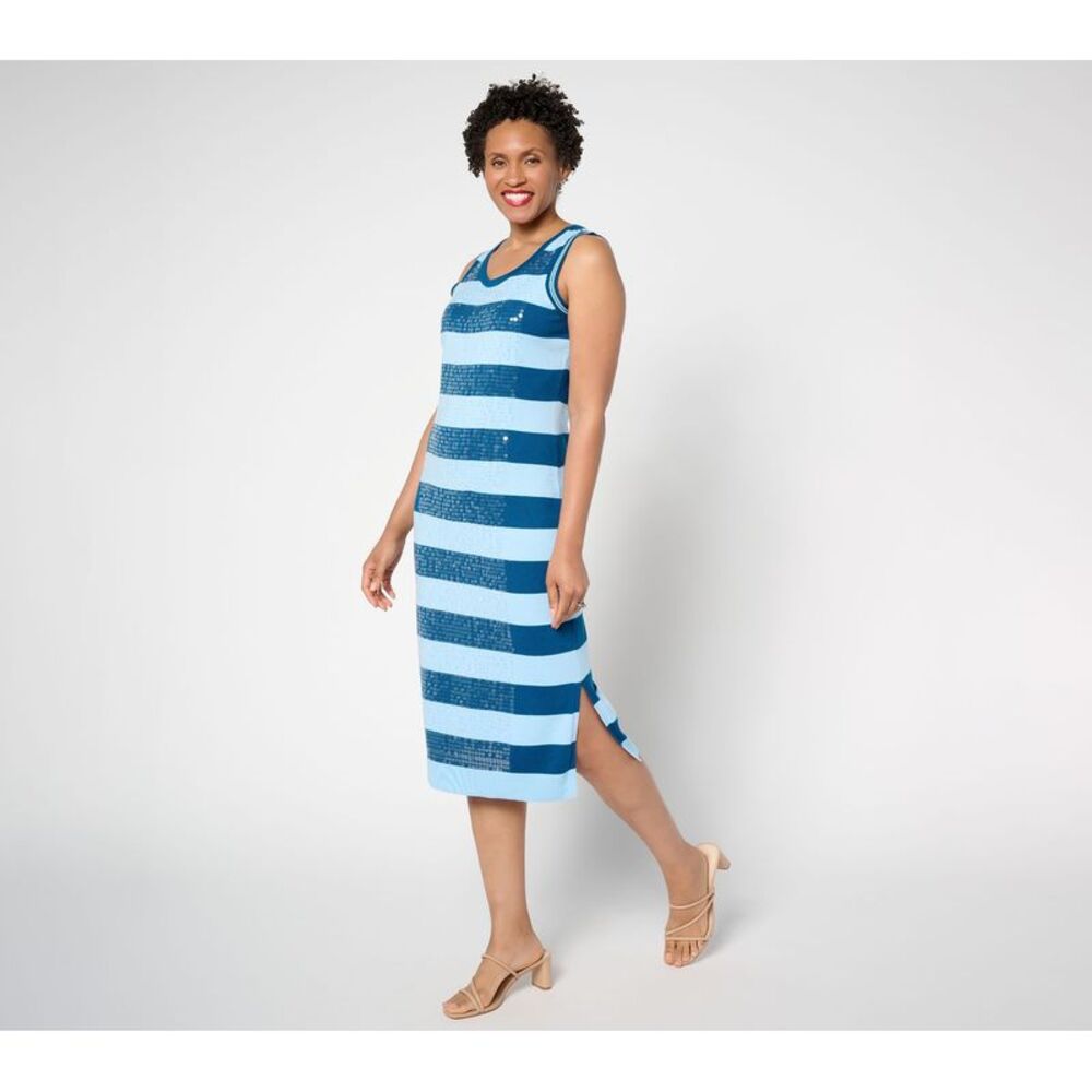 Liberare Women's Dress Sz L Sequin Stripe Sweater Maxi Blue A693922